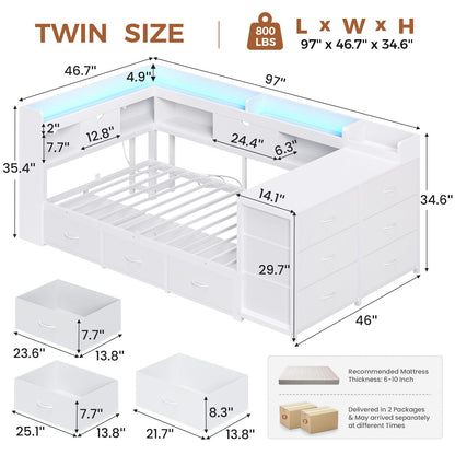 AOGLLATI Twin Corner Storage Bed Frame with 9 Drawers and Charging Station LED Daybed with Hidden Storage and Bookcase Storage