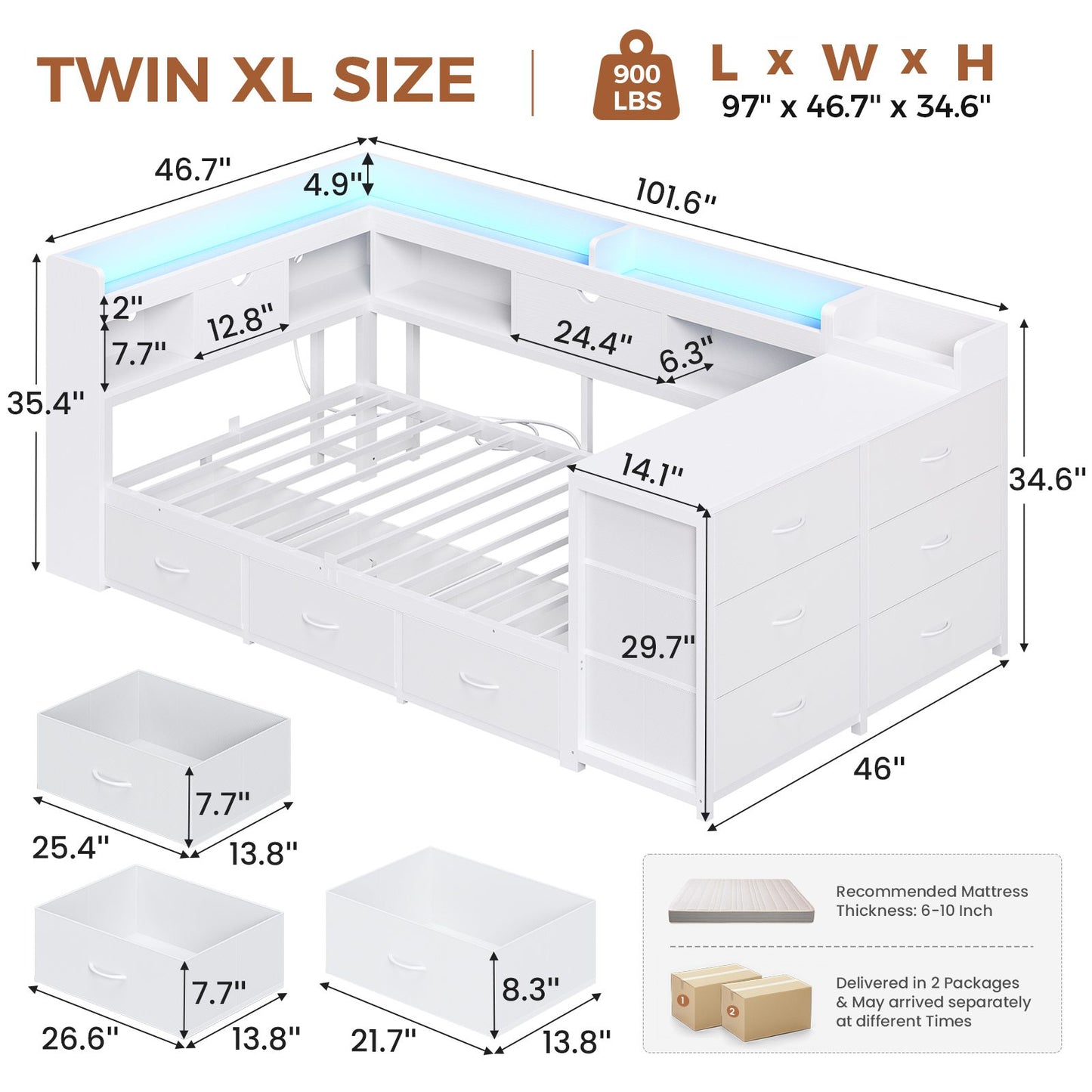 AOGLLATI Twin XL Corner Bed Frame with Hidden Storage and 9 Drawers LED Daybed with Bookcase Storage and Charging Station