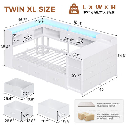 AOGLLATI Twin XL Corner Bed Frame with Hidden Storage and 9 Drawers LED Daybed with Bookcase Storage and Charging Station