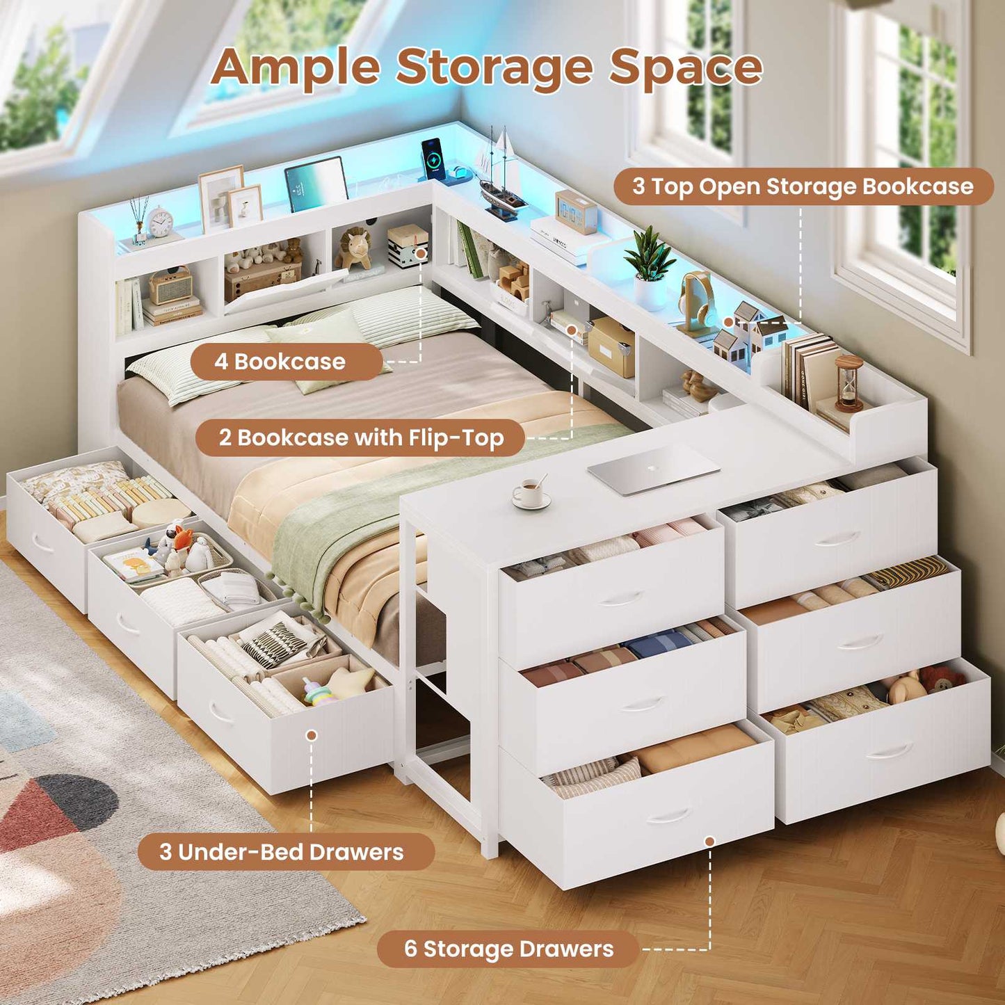 AOGLLATI Twin Corner Storage Bed Frame with 9 Drawers and Charging Station LED Daybed with Hidden Storage and Bookcase Storage