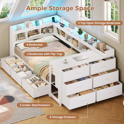 AOGLLATI Twin Corner Storage Bed Frame with 9 Drawers and Charging Station LED Daybed with Hidden Storage and Bookcase Storage