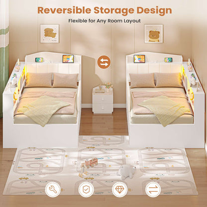 AOGLLATI Kids Twin Corner Bed with 6 Storage Drawers and Safety Guardrail LED Daybed with Charging Station 3 Open Side Cubbies