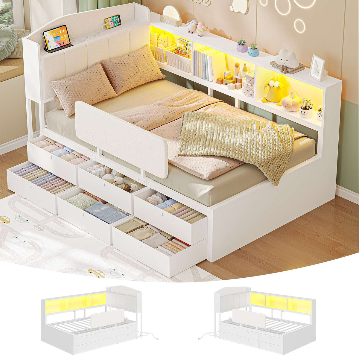 AOGLLATI Kids Twin Corner Bed with 6 Storage Drawers and Safety Guardrail LED Daybed with Charging Station 3 Open Side Cubbies