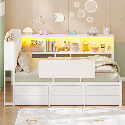 AOGLLATI Kids Twin Corner Bed with 6 Storage Drawers and Safety Guardrail LED Daybed with Charging Station 3 Open Side Cubbies