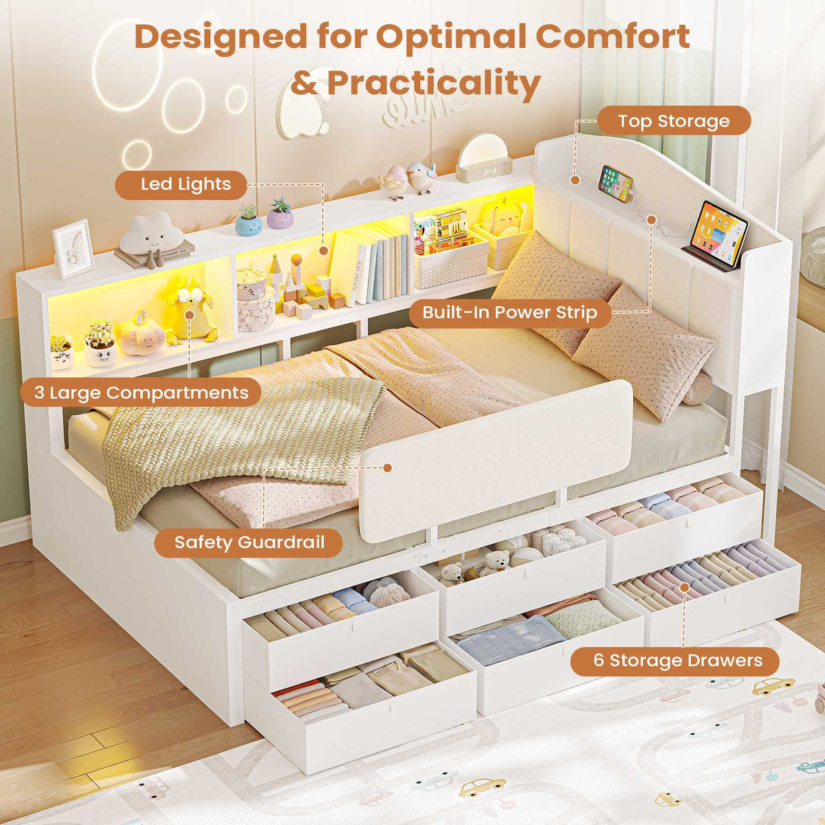 AOGLLATI Kids Twin Corner Bed with 6 Storage Drawers and Safety Guardrail LED Daybed with Charging Station 3 Open Side Cubbies