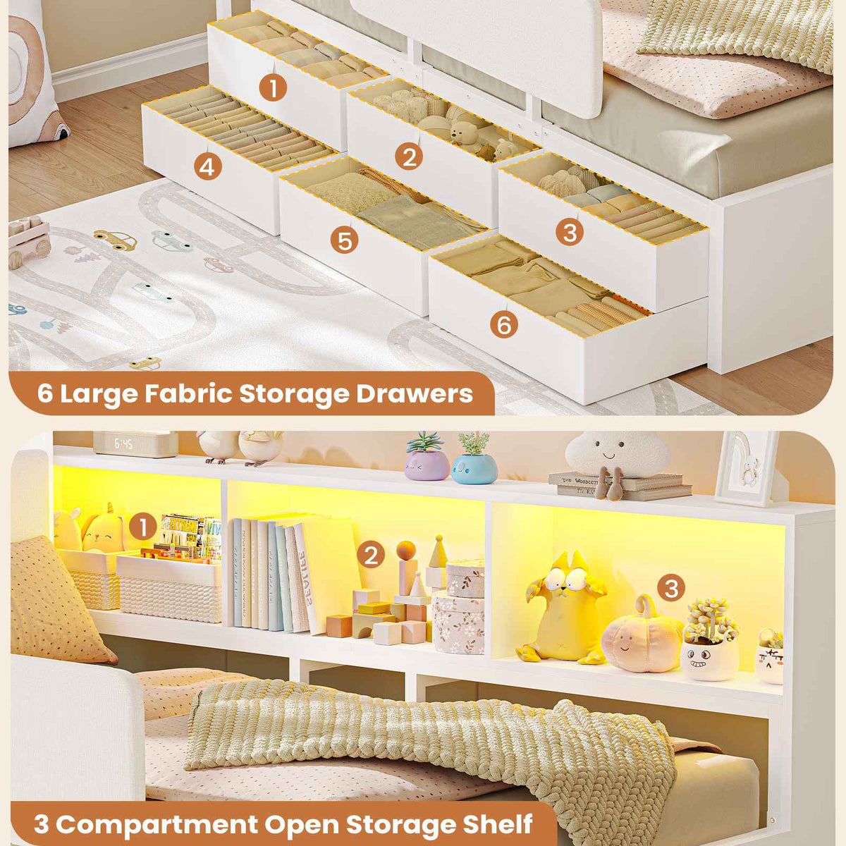 AOGLLATI Kids Twin Corner Bed with 6 Storage Drawers and Safety Guardrail LED Daybed with Charging Station 3 Open Side Cubbies