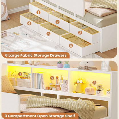 AOGLLATI Kids Twin Corner Bed with 6 Storage Drawers and Safety Guardrail LED Daybed with Charging Station 3 Open Side Cubbies