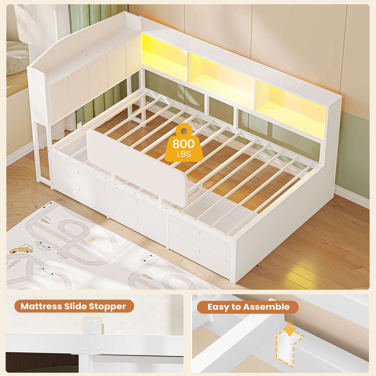AOGLLATI Kids Twin Corner Bed with 6 Storage Drawers and Safety Guardrail LED Daybed with Charging Station 3 Open Side Cubbies