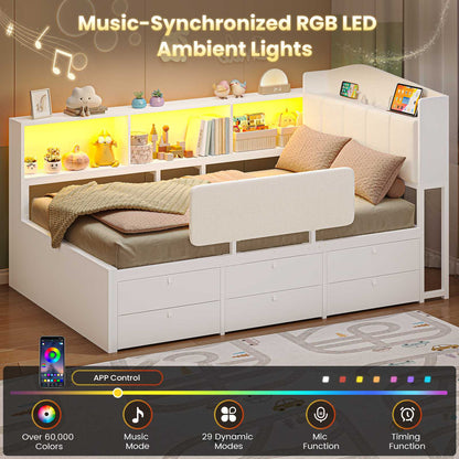 AOGLLATI Kids Twin Corner Bed with 6 Storage Drawers and Safety Guardrail LED Daybed with Charging Station 3 Open Side Cubbies