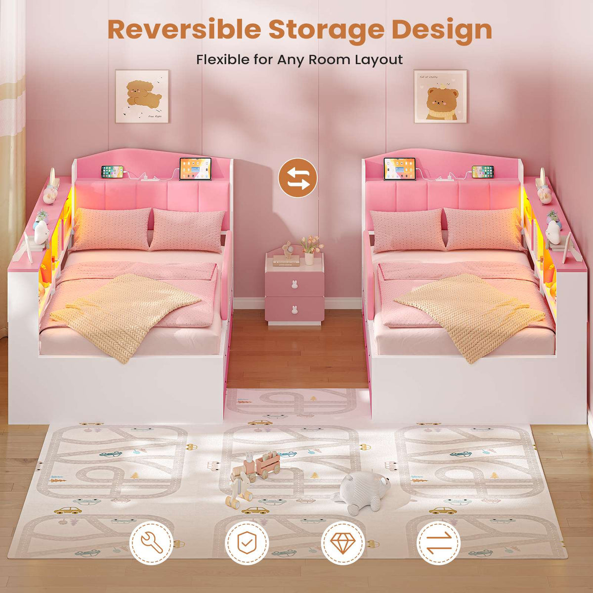 AOGLLATI Kids Twin Corner Bed with 6 Storage Drawers and Safety Guardrail LED Daybed with Charging Station 3 Open Side Cubbies