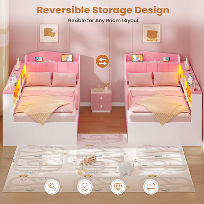 AOGLLATI Kids Twin Corner Bed with 6 Storage Drawers and Safety Guardrail LED Daybed with Charging Station 3 Open Side Cubbies