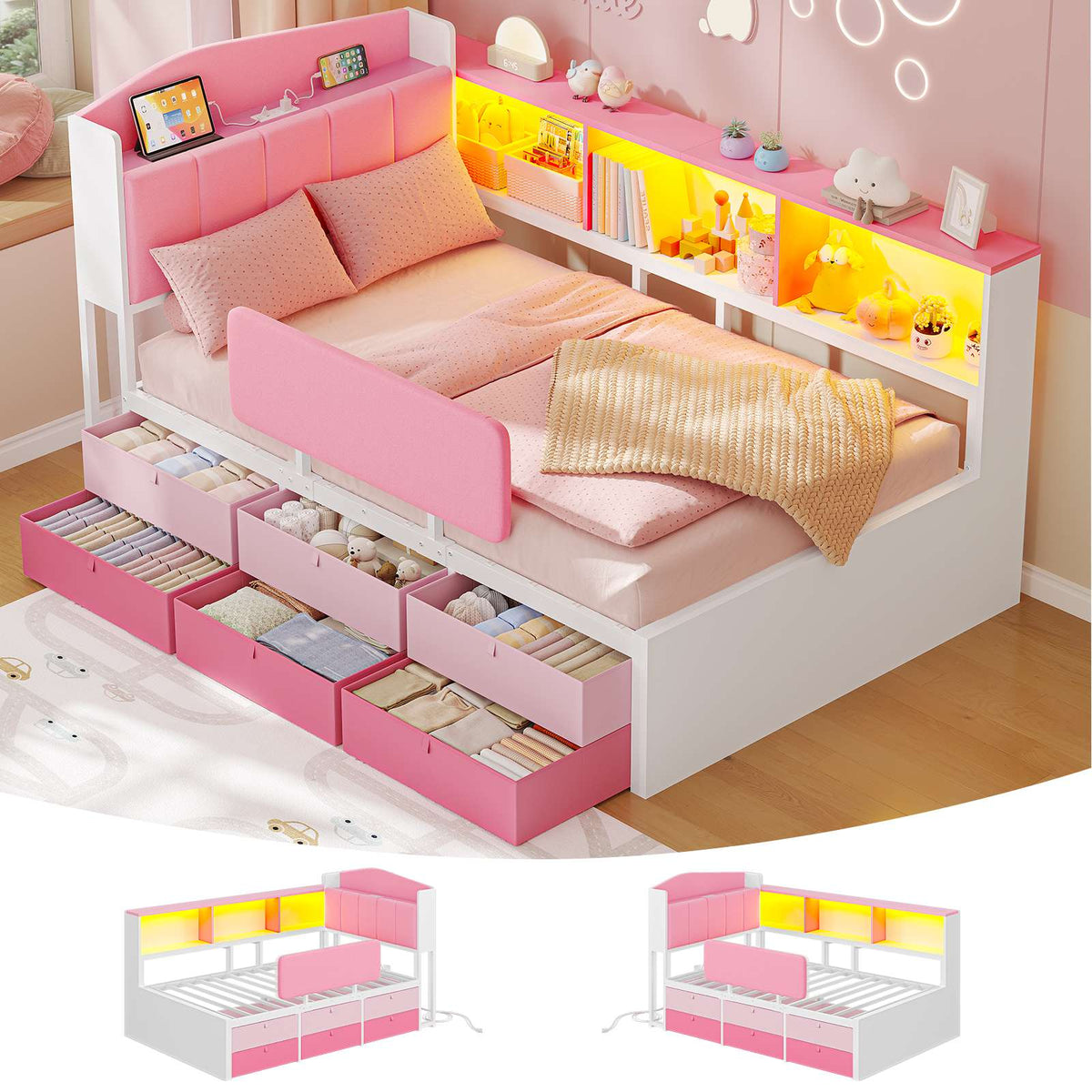 AOGLLATI Kids Twin Corner Bed with 6 Storage Drawers and Safety Guardrail LED Daybed with Charging Station 3 Open Side Cubbies