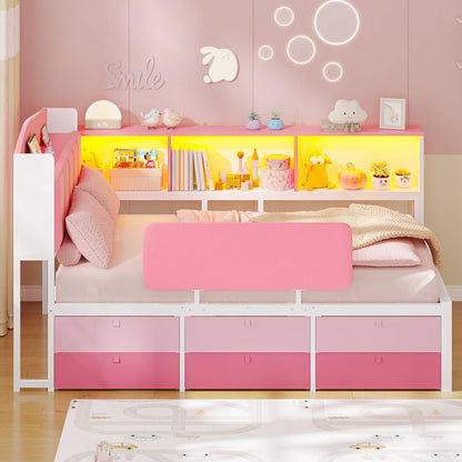 AOGLLATI Kids Twin Corner Bed with 6 Storage Drawers and Safety Guardrail LED Daybed with Charging Station 3 Open Side Cubbies