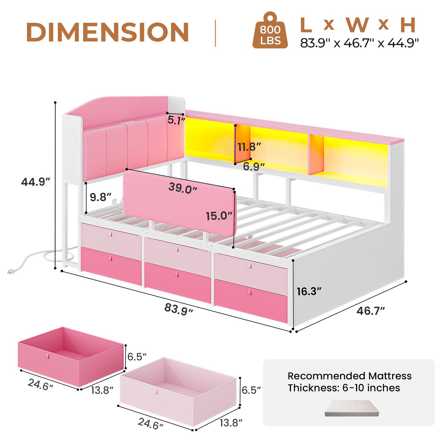 AOGLLATI Kids Twin Corner Bed with 6 Storage Drawers and Safety Guardrail LED Daybed with Charging Station 3 Open Side Cubbies