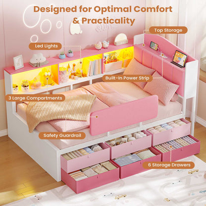 AOGLLATI Kids Twin Corner Bed with 6 Storage Drawers and Safety Guardrail LED Daybed with Charging Station 3 Open Side Cubbies