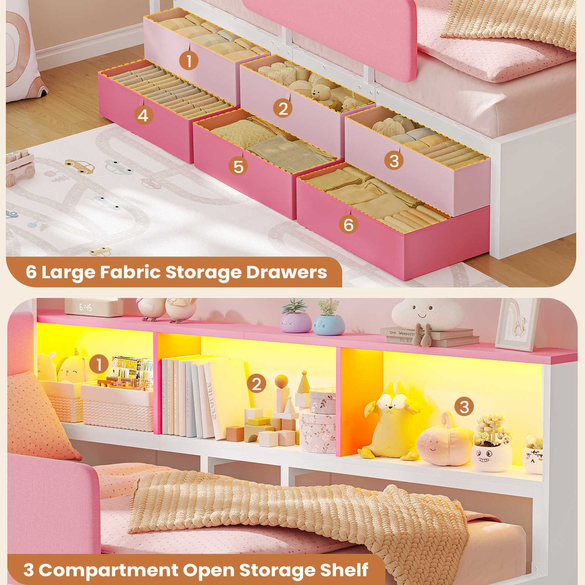 AOGLLATI Kids Twin Corner Bed with 6 Storage Drawers and Safety Guardrail LED Daybed with Charging Station 3 Open Side Cubbies