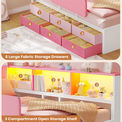 AOGLLATI Kids Twin Corner Bed with 6 Storage Drawers and Safety Guardrail LED Daybed with Charging Station 3 Open Side Cubbies