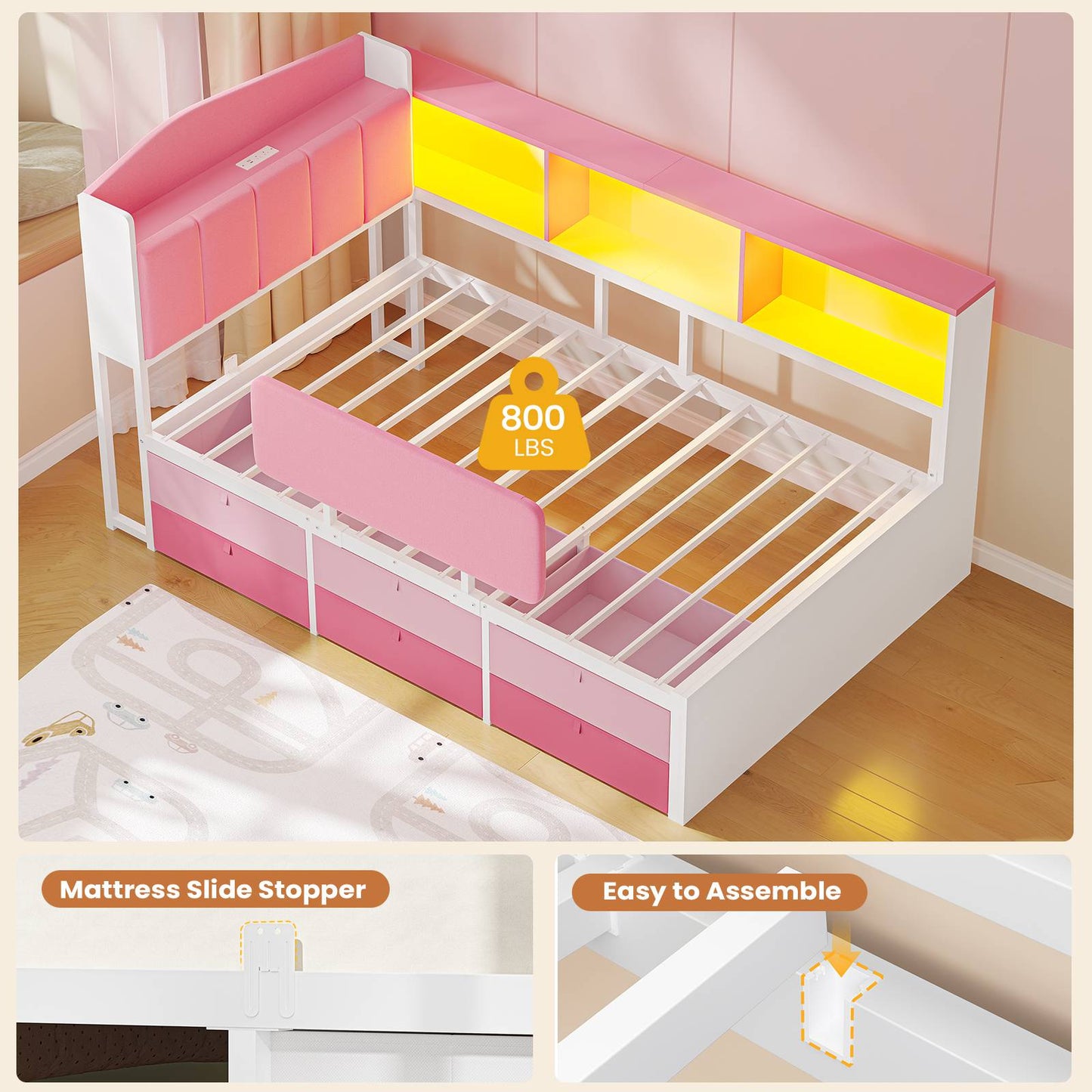 AOGLLATI Kids Twin Corner Bed with 6 Storage Drawers and Safety Guardrail LED Daybed with Charging Station 3 Open Side Cubbies