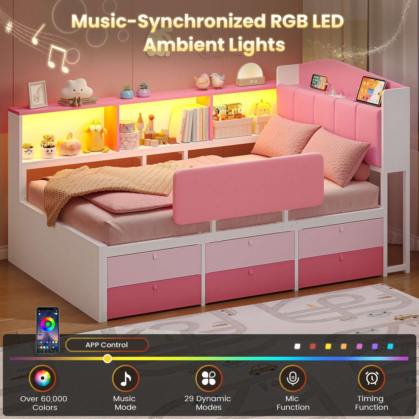 AOGLLATI Kids Twin Corner Bed with 6 Storage Drawers and Safety Guardrail LED Daybed with Charging Station 3 Open Side Cubbies