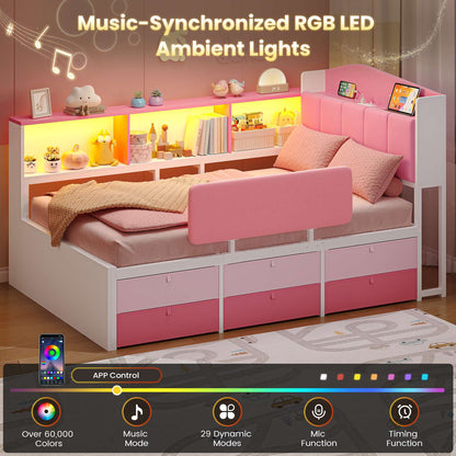 AOGLLATI Kids Twin Corner Bed with 6 Storage Drawers and Safety Guardrail LED Daybed with Charging Station 3 Open Side Cubbies