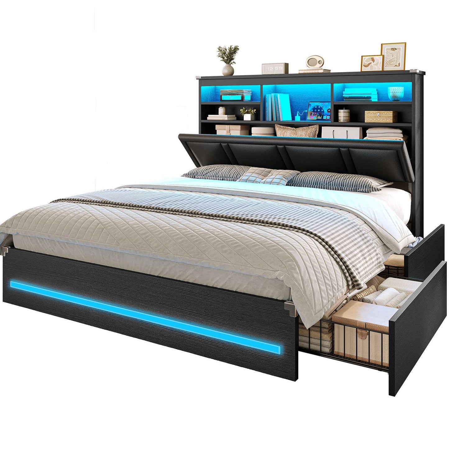 AOGLLATI Queen Bed Frame with 4 Storage Drawers and 3-Tier Bookcase Headboard Upholstered Velvet Bed Frame with Led Lights and Charging Station