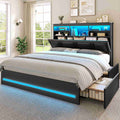AOGLLATI Queen Bed Frame with 4 Storage Drawers and 3-Tier Bookcase Headboard Upholstered Velvet Bed Frame with Led Lights and Charging Station