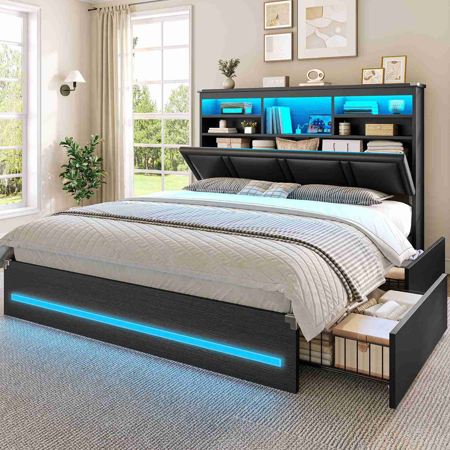 AOGLLATI Queen Bed Frame with 4 Storage Drawers and 3-Tier Bookcase Headboard Upholstered Velvet Bed Frame with Led Lights and Charging Station