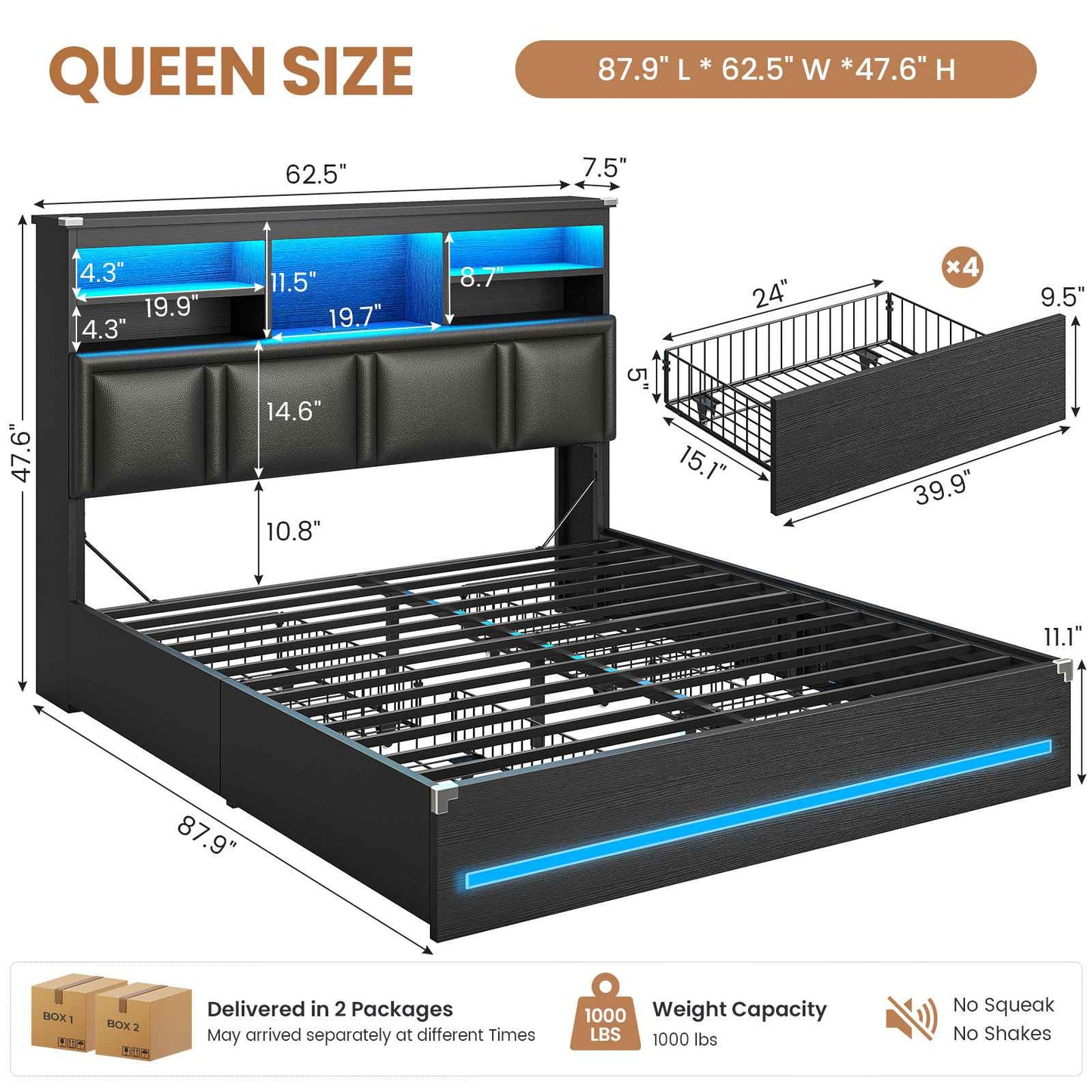 AOGLLATI Queen Bed Frame with 4 Storage Drawers and 3-Tier Bookcase Headboard Upholstered Velvet Bed Frame with Led Lights and Charging Station