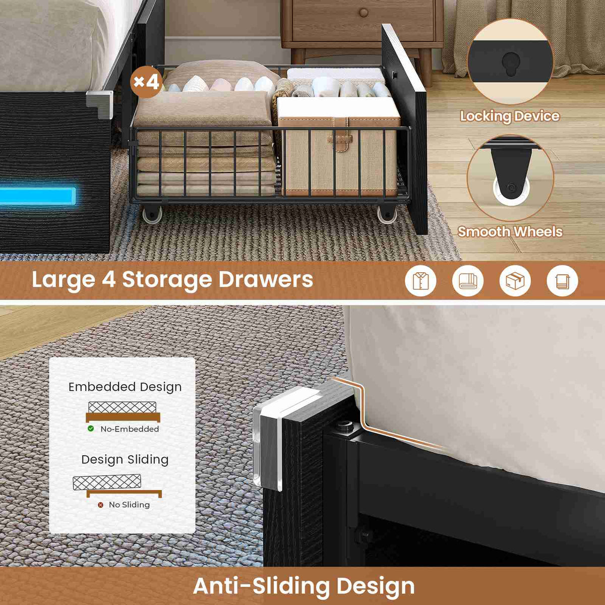 AOGLLATI Queen Bed Frame with 4 Storage Drawers and 3-Tier Bookcase Headboard Upholstered Velvet Bed Frame with Led Lights and Charging Station