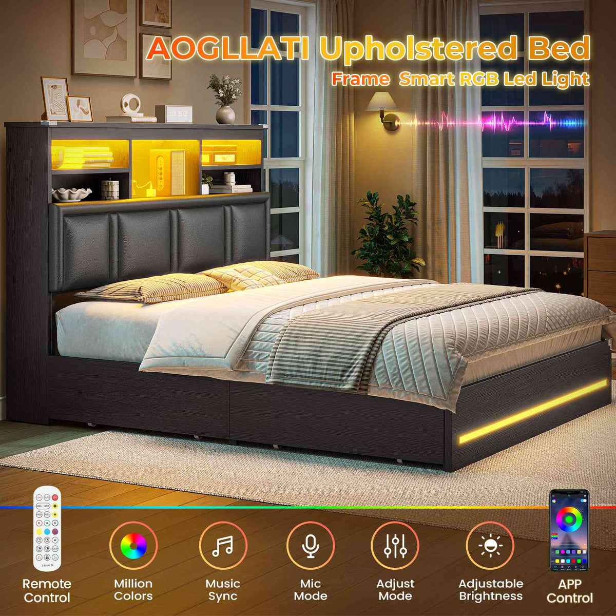 AOGLLATI Queen Bed Frame with 4 Storage Drawers and 3-Tier Bookcase Headboard Upholstered Velvet Bed Frame with Led Lights and Charging Station