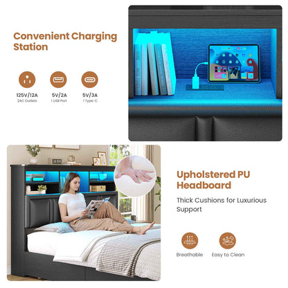 AOGLLATI Queen Bed Frame with 4 Storage Drawers and 3-Tier Bookcase Headboard Upholstered Velvet Bed Frame with Led Lights and Charging Station