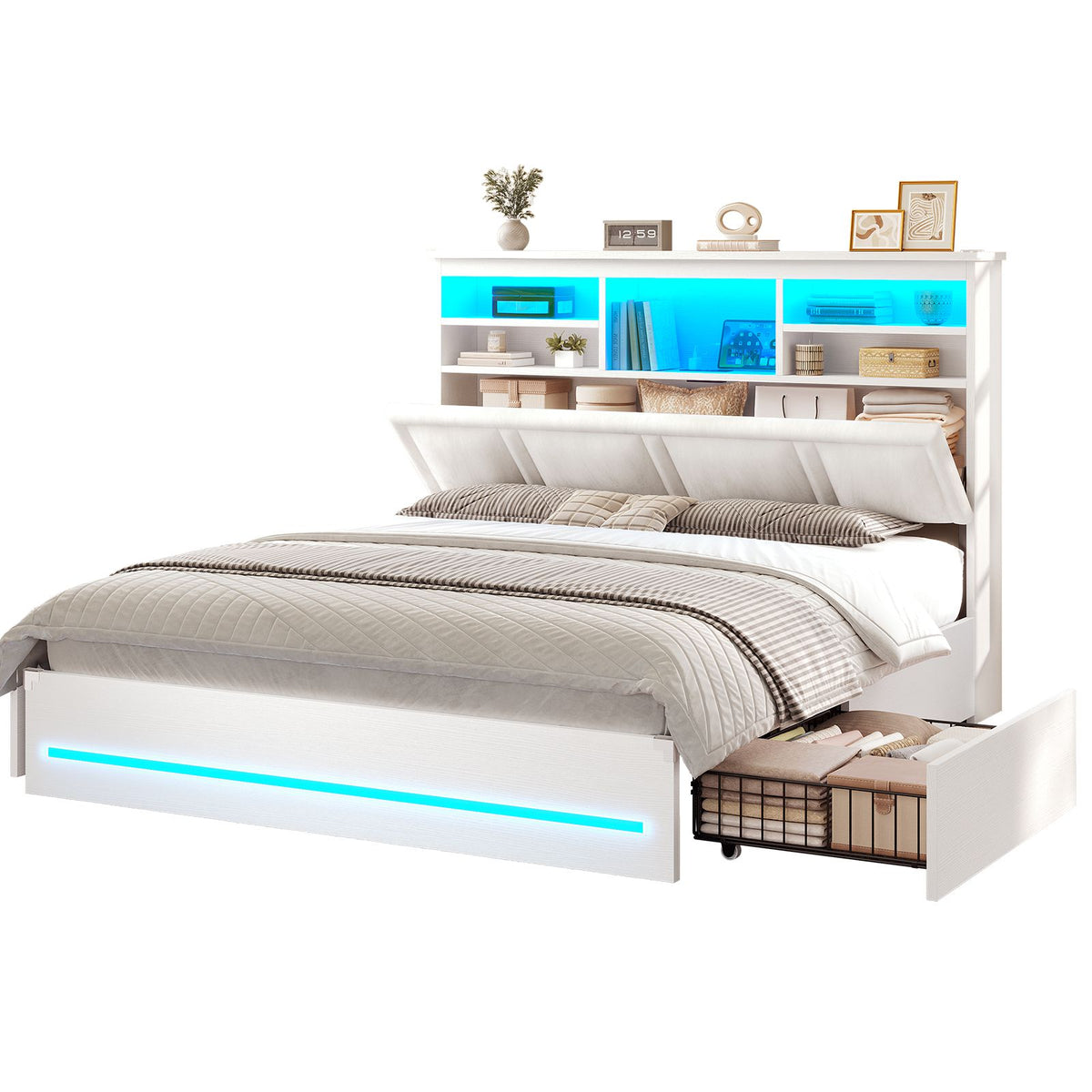 AOGLLATI Queen Bed Frame with 4 Storage Drawers and 3-Tier Bookcase Headboard Upholstered Velvet Bed Frame with Led Lights and Charging Station
