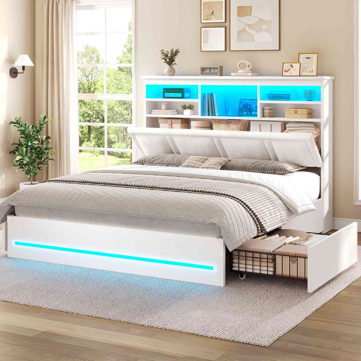 AOGLLATI Queen Bed Frame with 4 Storage Drawers and 3-Tier Bookcase Headboard Upholstered Velvet Bed Frame with Led Lights and Charging Station