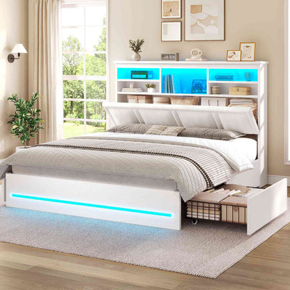 AOGLLATI Queen Bed Frame with 4 Storage Drawers and 3-Tier Bookcase Headboard Upholstered Velvet Bed Frame with Led Lights and Charging Station