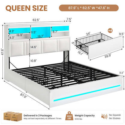 AOGLLATI Queen Bed Frame with 4 Storage Drawers and 3-Tier Bookcase Headboard Upholstered Velvet Bed Frame with Led Lights and Charging Station