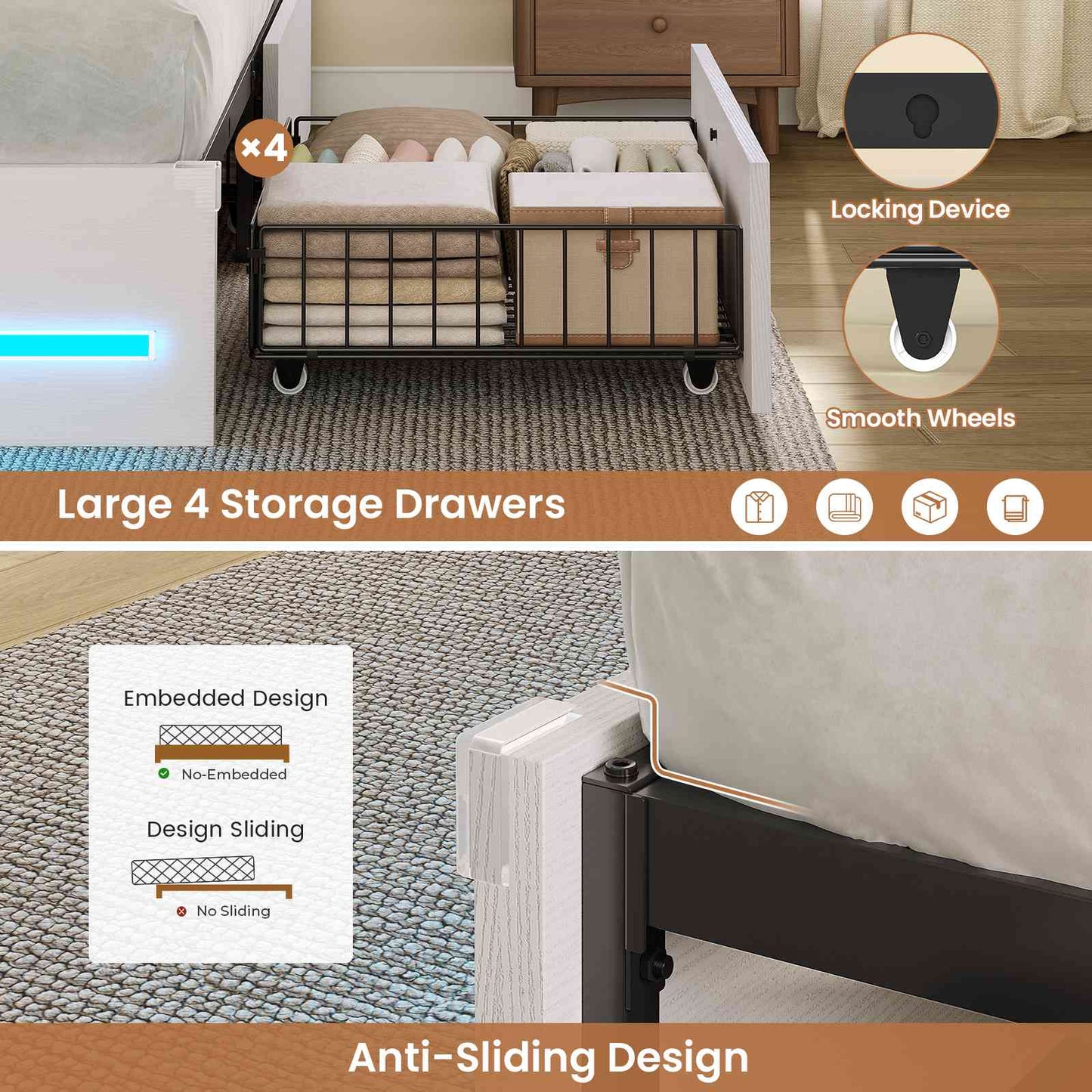 AOGLLATI Queen Bed Frame with 4 Storage Drawers and 3-Tier Bookcase Headboard Upholstered Velvet Bed Frame with Led Lights and Charging Station