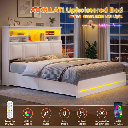 AOGLLATI Queen Bed Frame with 4 Storage Drawers and 3-Tier Bookcase Headboard Upholstered Velvet Bed Frame with Led Lights and Charging Station