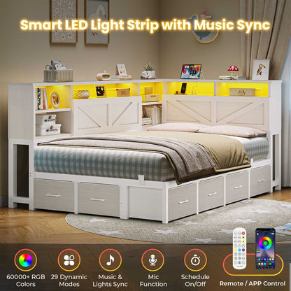 AOGLLATI Corner Bed Frame with Bookcase Headboard and 6 Drawers Farmhouse Twin Size Wood Platform Bed Frame with Charging Station and LED Lights