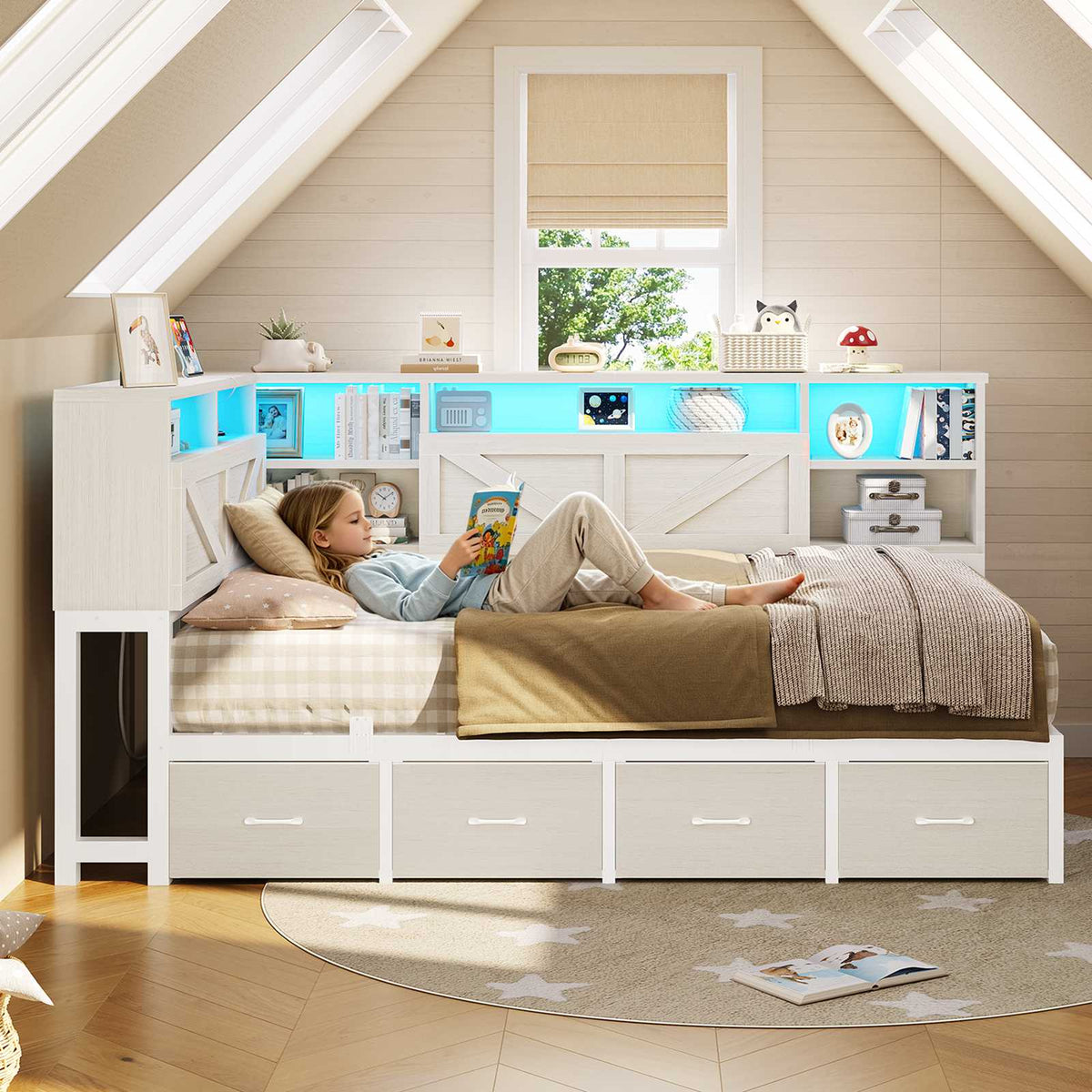 AOGLLATI Corner Bed Frame with Bookcase Headboard and 6 Drawers Farmhouse Twin Size Wood Platform Bed Frame with Charging Station and LED Lights