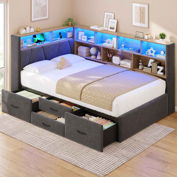 AOGLLATI Twin Corner Bed Frame with 4 Storage Drawers and 9 Storage Bookcases Velvet Daybed with Charging Station and Led Lights