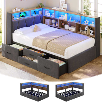 AOGLLATI Twin Corner Bed Frame with 4 Storage Drawers and 9 Storage Bookcases Velvet Daybed with Charging Station and Led Lights
