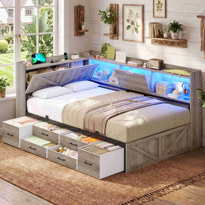 AOGLLATI Twin Corner Farmhouse Bed with 6 Drawers and Hidden Storage Daybed with Charging Station and L-Shape Top Storage 2 Bookcase