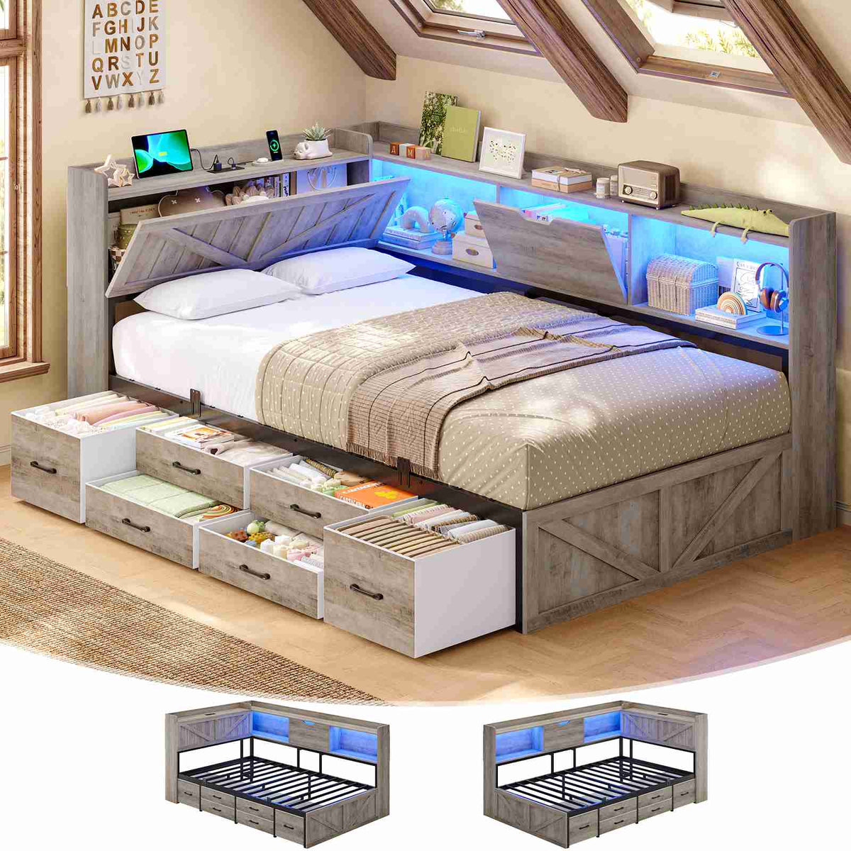 AOGLLATI Twin Corner Farmhouse Bed with 6 Drawers and Hidden Storage Daybed with Charging Station and L-Shape Top Storage 2 Bookcase