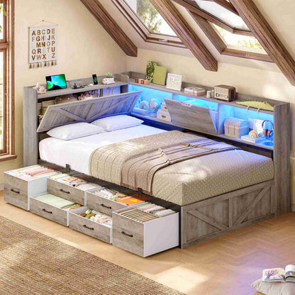 AOGLLATI Twin Corner Farmhouse Bed with 6 Drawers and Hidden Storage Daybed with Charging Station and L-Shape Top Storage 2 Bookcase