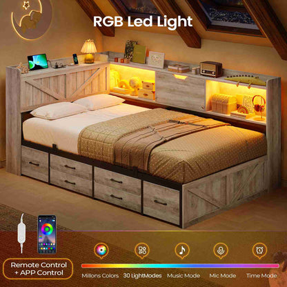 AOGLLATI Twin Corner Farmhouse Bed with 6 Drawers and Hidden Storage Daybed with Charging Station and L-Shape Top Storage 2 Bookcase