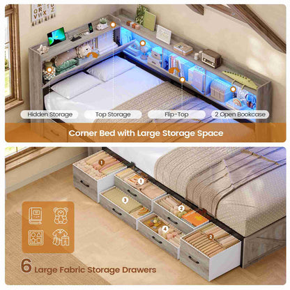 AOGLLATI Twin Corner Farmhouse Bed with 6 Drawers and Hidden Storage Daybed with Charging Station and L-Shape Top Storage 2 Bookcase