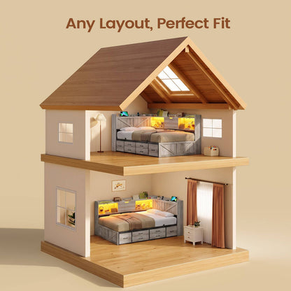 AOGLLATI Twin Corner Farmhouse Bed with 6 Drawers and Hidden Storage Daybed with Charging Station and L-Shape Top Storage 2 Bookcase