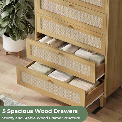 AOGLLATI Dresser with 5 Drawers Chests of Drawers with Natural Rattan Wooden Tall Dressers for Bedroom Hallway Entryway