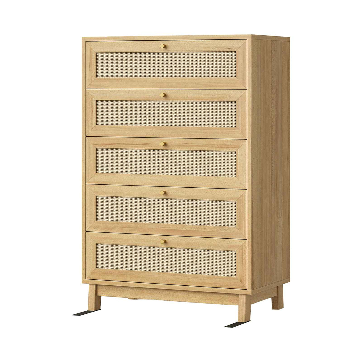 AOGLLATI Dresser with 5 Drawers Chests of Drawers with Natural Rattan Wooden Tall Dressers for Bedroom Hallway Entryway
