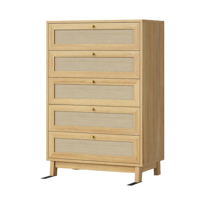 AOGLLATI Dresser with 5 Drawers Chests of Drawers with Natural Rattan Wooden Tall Dressers for Bedroom Hallway Entryway